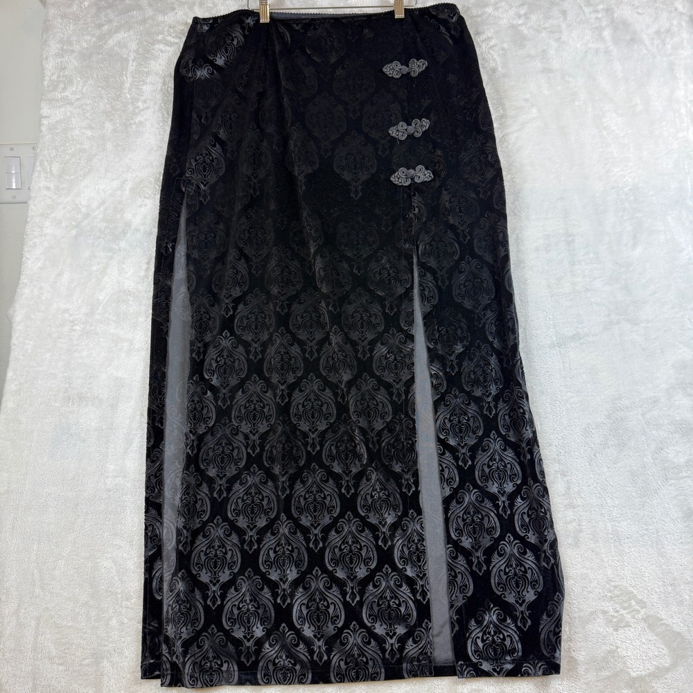 Widow Dolls Kill Black Velvet Damask Maxi Skirt Frog Closure Plus Size 3X whimsy